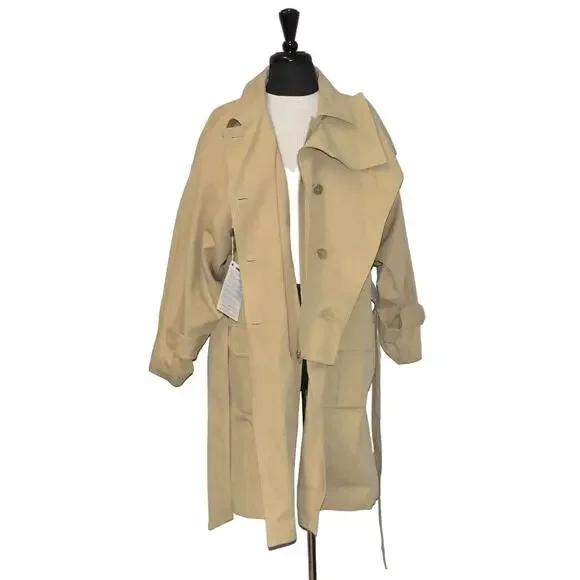 E0 NWT ERIKA CAVALLINI Cotton Linen Blend Self Belted Long Trench Coat Size 44 - Picture 2 of 10